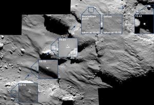 Suivi de l'atterrissage de Philae via les clichés pris par l'orbiteur Rosetta © ESA/Rosetta/MPS for OSIRIS Team MPS/UPD/LAM/IAA/SSO/INTA/UPM/DASP/IDA