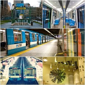 Entrée de métro parisien d'Hector Guimard à Square-Victoria station,l'intérieur des futures rames Azur, une rame MR-73 à Montmorency station, 2 MR-73 à Plamondon station, Céramique murale "Le poète dans l'univers" à Crémazie station. © Alexcaban via wikimedia